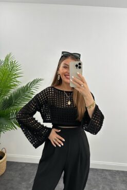 Meyga Butik Yazlık Ajurlu Kısa Triko Siyah