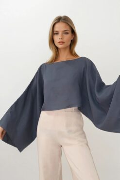 VAGGON Kadın Antrasit Kayık Yaka Yarsa Kollu Crop Müslin Bluz Vs00210
