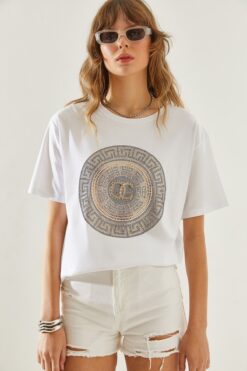 Bianco Lucci Kadın Bisiklet Yaka Taş Detaylı Basic Penye T-Shirt 60251238