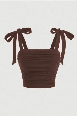 World Fashion Trends WFT5023B Fiyonklu Geniş Askılı Kahve Crop Bluz