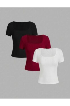 Lorya Giyim Kadın 3'lü paket Fitilli Kaşkorse Kumaş KARE YAKA Vücudu Saran CROP T-SHİRT