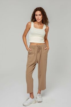 MONAHA Kadın Vizon Mom Fit Bilek Boy Keten Karışımlı Pantolon - Pamuklu, Cepli, Yazlık