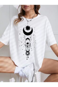 BEETON Ay Güneş T-Shirt - Beyaz Baskılı Oversize Bisiklet Yaka Kısa Kol Tişört