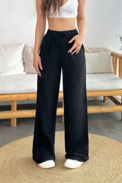 BİKELİFE Kadın Keten Beli Lastik Bağlamalı Yüksek Bel Geniş Kesim Cepli Yazlık Pantolon