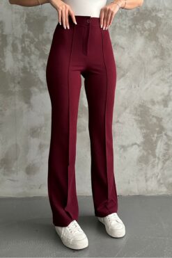 macharel jeans Kadın Bordo Yüksek Bel Toparlayıcı Ispanyol Paça Palazzo Pantolon