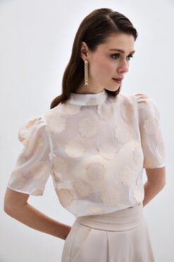 Sateen Organze Kısa Kol Bluz - Bej