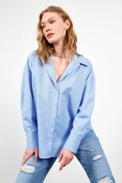 EDITION Mavi Ince Çizgili Pamuk Oversize Rahat Kalıp Kadın Basic Gömlek | Ek334864-7432