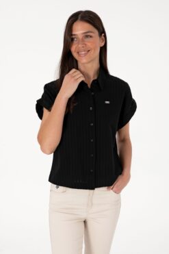 U.S. Polo Assn. Kadın Siyah Çizgili Kısa Kollu Gömlek 50306388-VR046