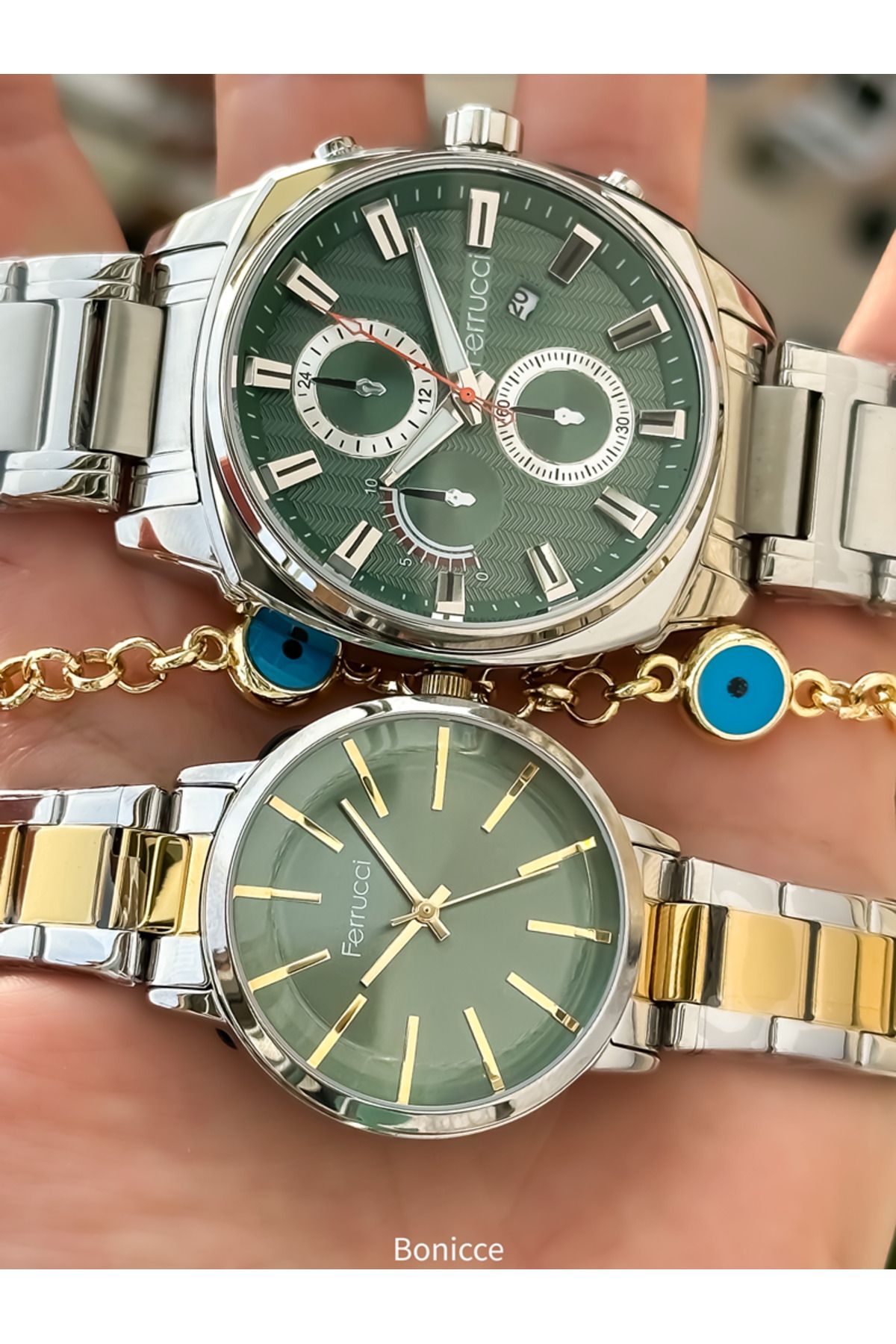 Ferrucci Marka Gümüş/Sarı Renk Çelik Kordon Sevgili , Çift Kol Saatleri Tesbih Bileklik Hediyeli - Görsel 2