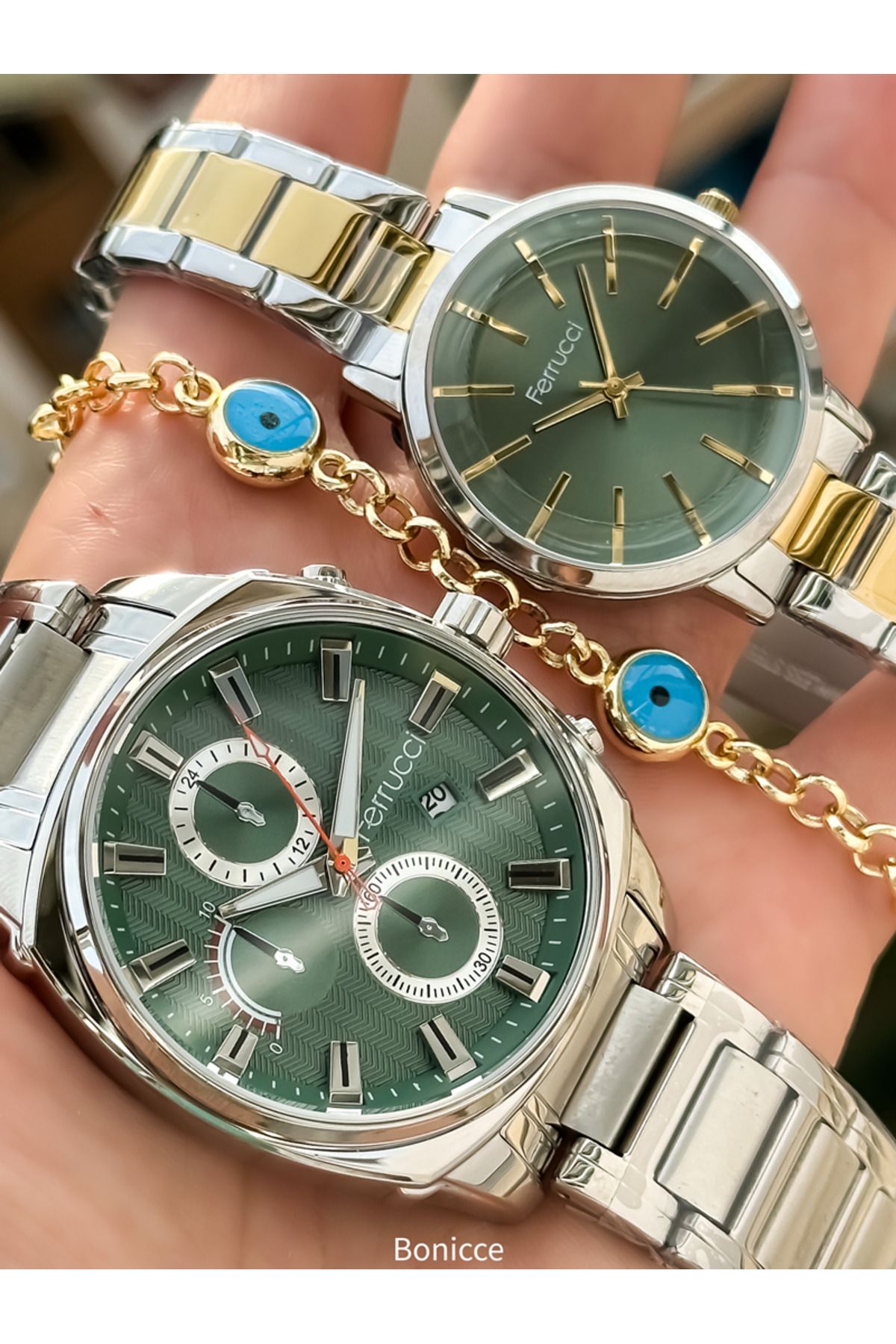 Ferrucci Marka Gümüş/Sarı Renk Çelik Kordon Sevgili , Çift Kol Saatleri Tesbih Bileklik Hediyeli - Görsel 4