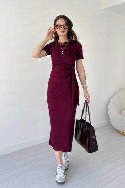 Aventien Yandan Bağlamalı Yırtmaçlı Modal Kumaş Bordo Elbise