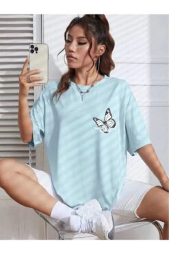 oneagılyazı Kadın Oversize Beyaz Kelebek Baskılı T-shirt