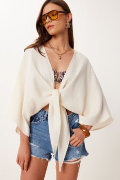 Lovelyİstanbul Bağlama Detaylı Crop Müslin Bluz KREM LMX0092