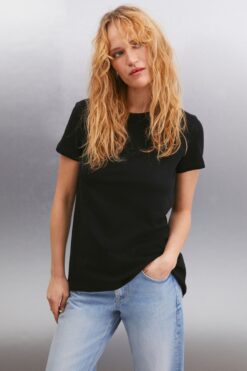 GRIMELANGE Samantha Kadın %100 Organik Pamuklu Comfort Fit Arkası Uzun Basic Örme Siyah T-shirt