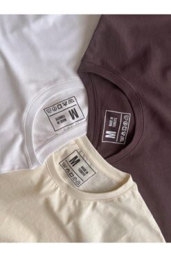 BLUGRIN Unisex Basic 3'lü T-Shirt Set - Beyaz,Krem,Kahverengi