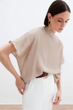 Sateen Desenli Salaş Bluz - Bej
