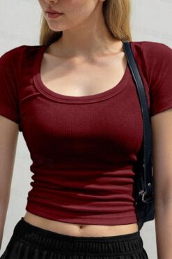 Teenage Millionaire Kadın Bordo U Yaka Kısa Kollu Fitilli Kaşkorse Bluz Body