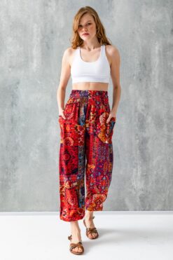 GİYSA Kırmızı Etnik Desenli Kadın Şalvar Yoga Pantolonu %100 Viskon Çift Cepli - 2460