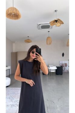 Buket Teke Koyu Antrasit Vatkalı Elbise