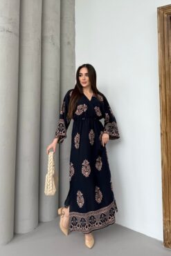Mezka Otantik Desenli Siyah Uzun Kollu Elbise