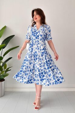 MaziButik Çiçekli Bürümcük Elbise Mavi