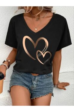 WOODROFFE Kadın V yaka Beyaz Siyah T-Shirt Baskılı Oversize Salaş