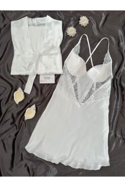 Lena Homewears Ekru Delüks İpeksi Saten Gecelik Sabahlık Takım