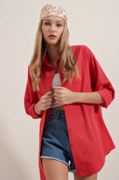 Bigdart 3900 Oversize Uzun Basic Gömlek - Kırmızı