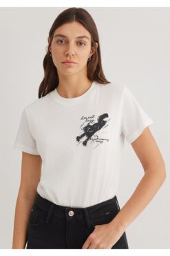 Mavi Kedi Baskılı Beyaz Tişört Semi Slim Fit / Yarı Dar Kesim 1612233-70057