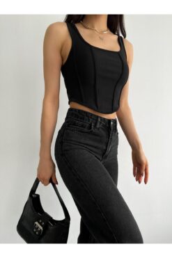 QUTTA Siyah Kare Yaka Korse Görünümlü Fitilli Kadın Crop Bluz