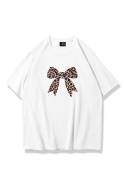 Trendiz Kadın Leopar Kurdele Tshirt Beyaz