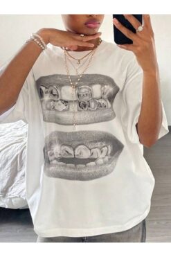 Bengi Clothing Beyaz Organik Pamuk Oversize Kesim Baskılı Kısa Kollu T-shirt
