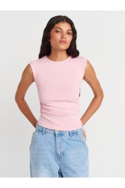 Dilvin 21054 Büzgülü Basic T-Shirt-Toz Pembe