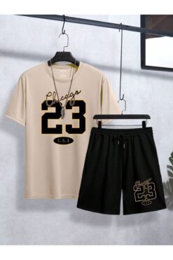 trendgar bej 23  baskılı alt ust şortlu oversize takım