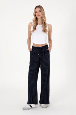U.S. Polo Assn. Kadın Lacivert Çizgili Loose Relax Fit Kanvas Pantolon 50309105-vr033