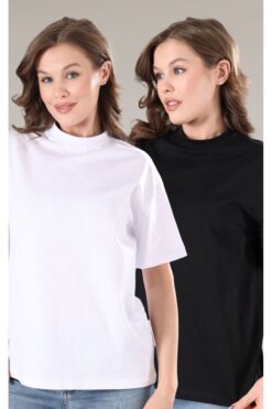 Tight Lady Siyah-Beyaz 2'li Paket %100 Organik Pamuk Basic Ribana'lı Dik Yaka Örme T-Shirt