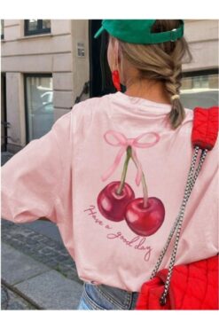 MOONBULL Kadın Kiraz Sırt Baskılı Oversize T-shirt