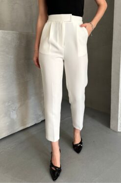macharel jeans Kadın Dar Paça Pileli Cırt Kapama Mevsimlik Kumaş Pantolon Beyaz