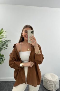 Maxi İdol Lüx Kalite Basic Salaş Gömlek Kahve