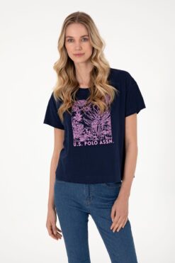 U.S. Polo Assn. Kadın Lacivert Desenli Bisiklet Yaka Tişört 50305843-vr033