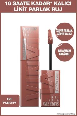 Maybelline New York Super Stay Vinyl Ink Uzun Süre Kalıcı Nude Tonlu Likit Parlak Ruj 120 Punchy