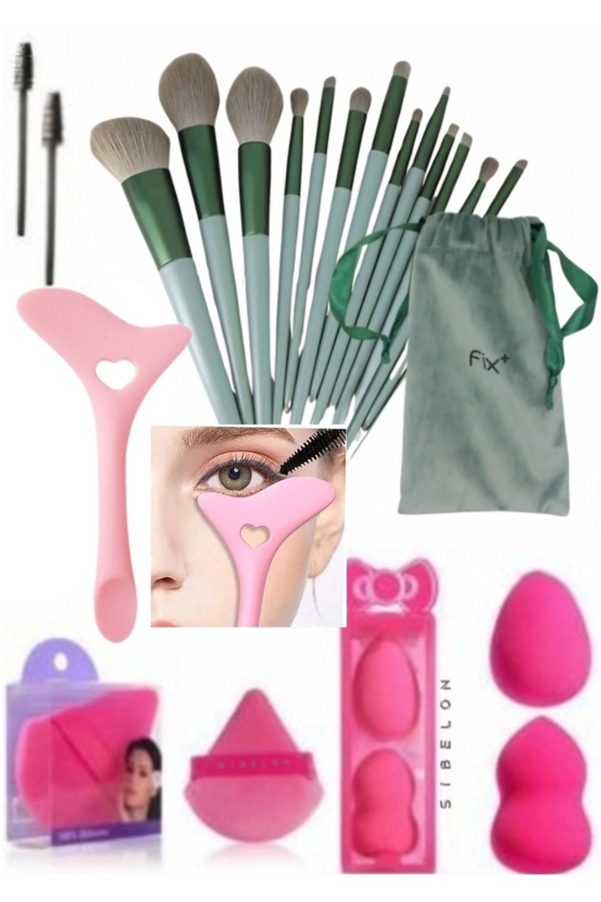 Sibelon 20 Parça Özel Keseli Makyaj Fırça Seti 13 Cm Eyeliner Çekme Aparatı