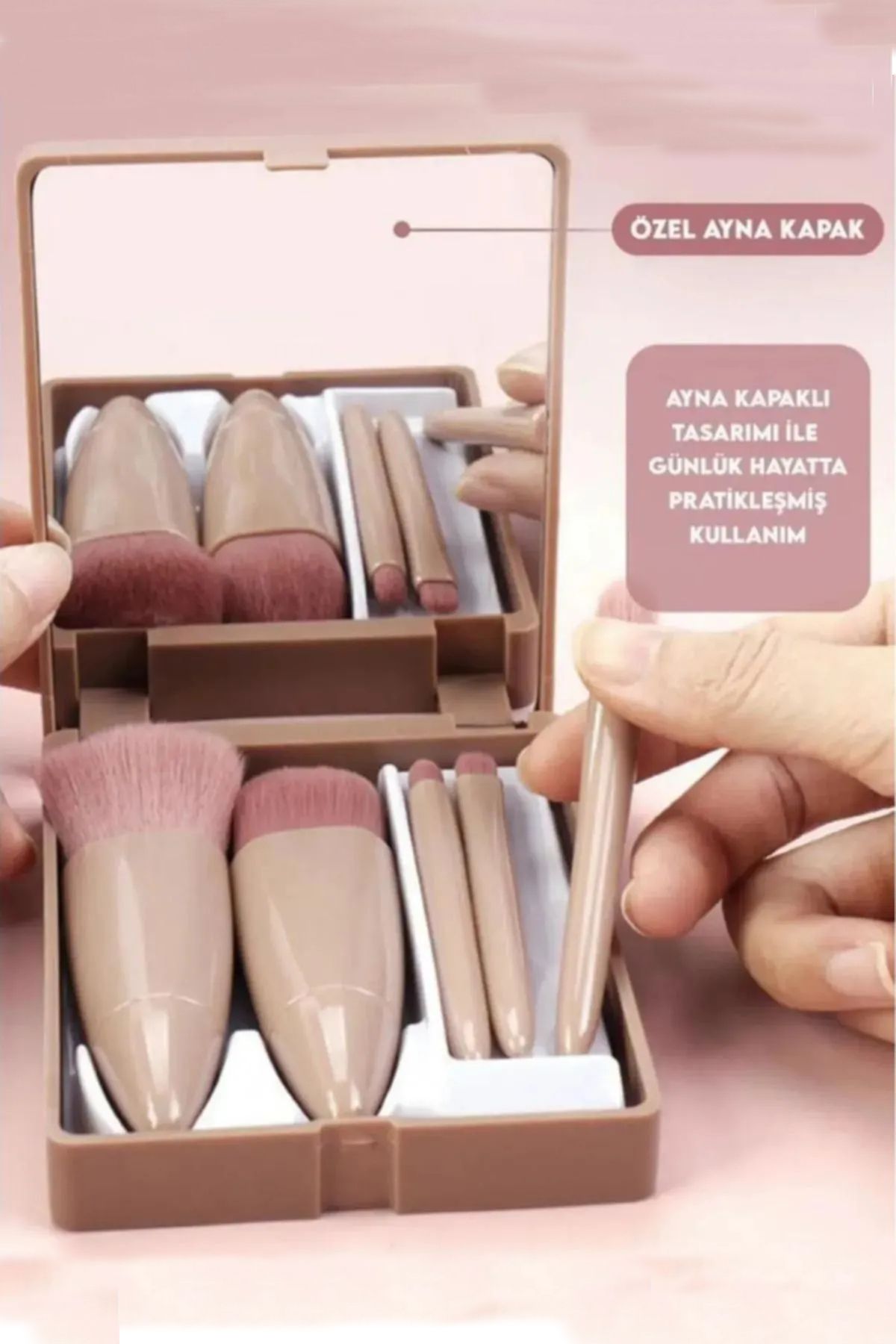 H&E LUXURY DESIGN 5'li Taşınabilir Aynalı Profesyonel Makyaj Fırçası Seti - Görsel 2