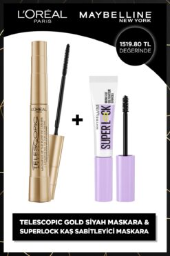 L'Oreal Paris Telescopic Gold Maskara - Siyah & Super Lock Brow Glue Kaş Sabitleyici Maskara - Şeffaf