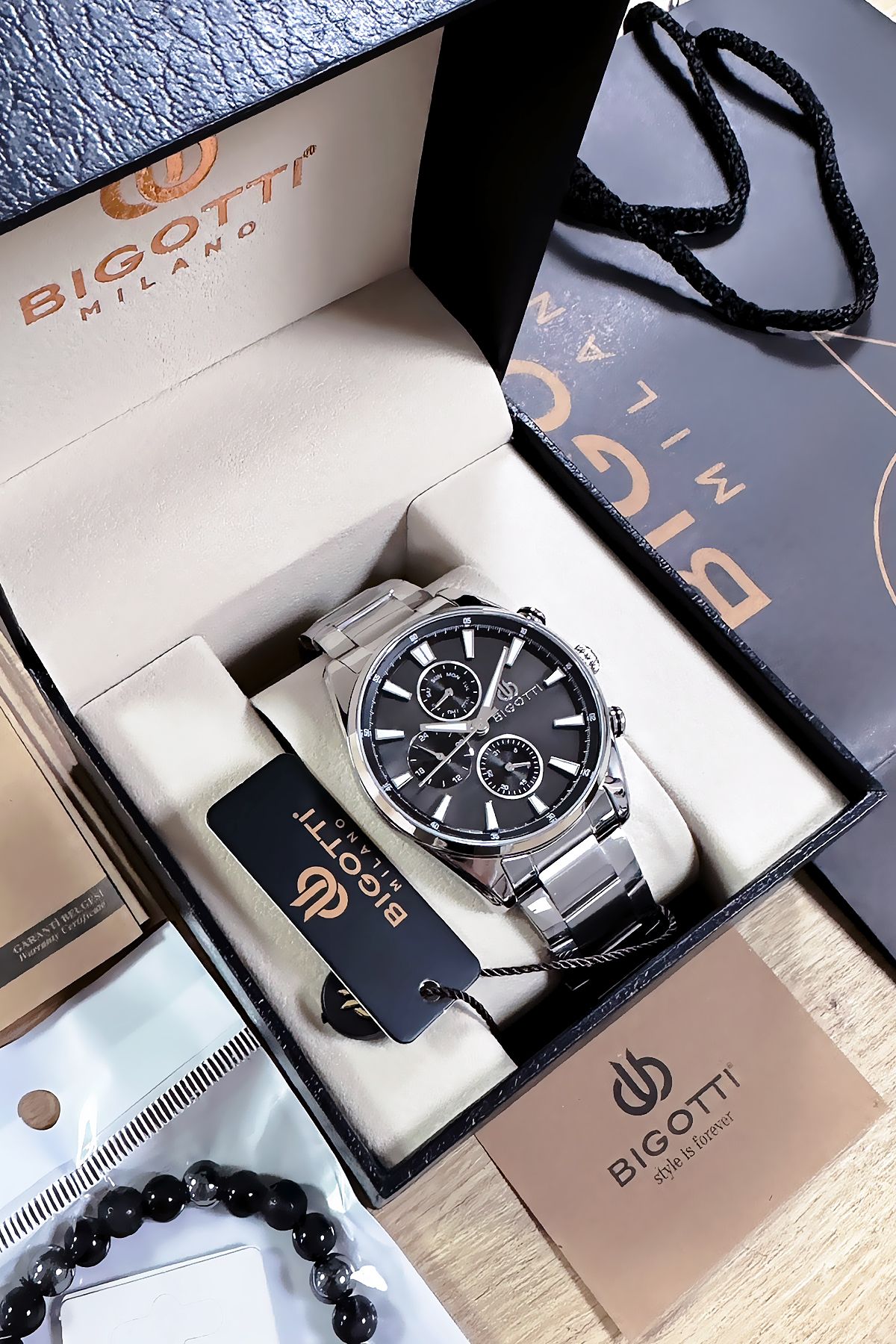 Bigotti Özel Kutulu 5 ATM Su Geçirmez Erkek Kol Saati Gümüş Renk Çelik Kordon + Hediye Bileklik BME2019C2 - Görsel 3
