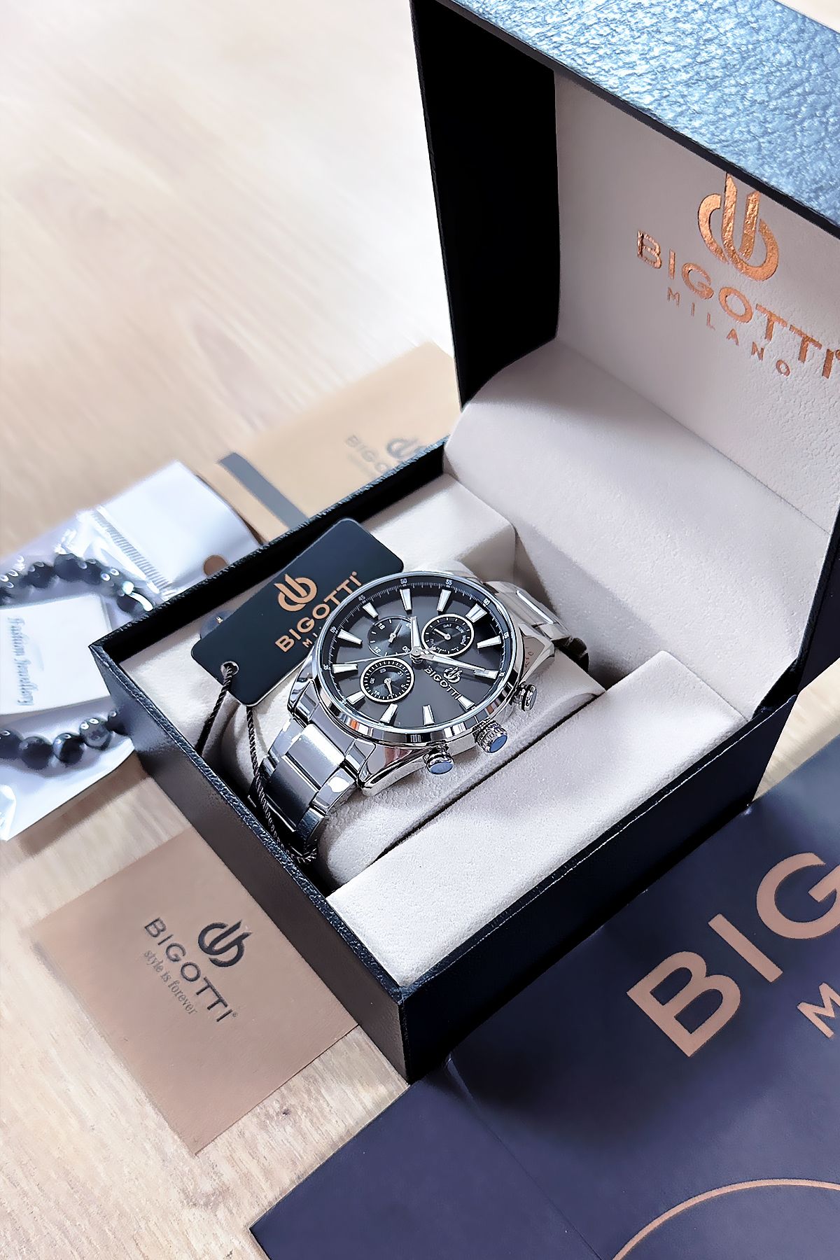 Bigotti Özel Kutulu 5 ATM Su Geçirmez Erkek Kol Saati Gümüş Renk Çelik Kordon + Hediye Bileklik BME2019C2 - Görsel 5