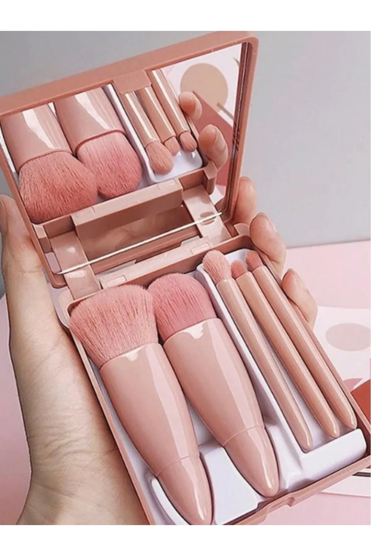 BLUE SİDE Taşınabilir Aynalı 5'li Makyaj Fırça Seti Göz Farı, Fondöten, Allık Karıştırma, Makyaj Fırçaları