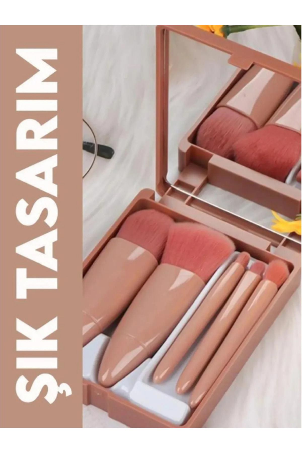 BLUE SİDE Taşınabilir Aynalı 5'li Makyaj Fırça Seti Göz Farı, Fondöten, Allık Karıştırma, Makyaj Fırçaları - Görsel 2