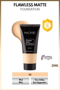 NOTE Flawless Matte Foundation SPF 15 Yoğun Kapatıcı Mat Bitişli Fondöten - 02 Orta
