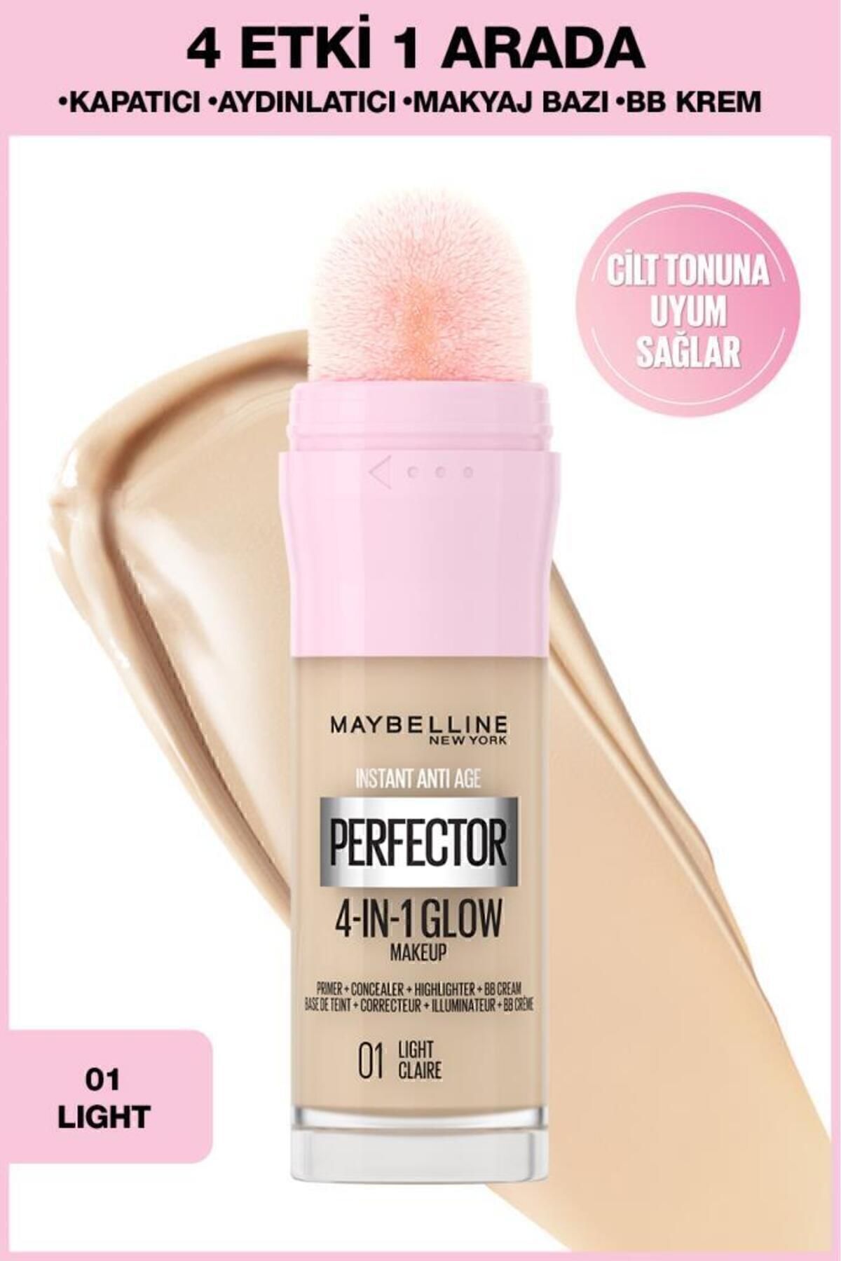 Maybelline New York Instant Perfector Glow 4 Etki 1 Arada Fondöten 01 Light & Makyaj Süngeri - Görsel 2